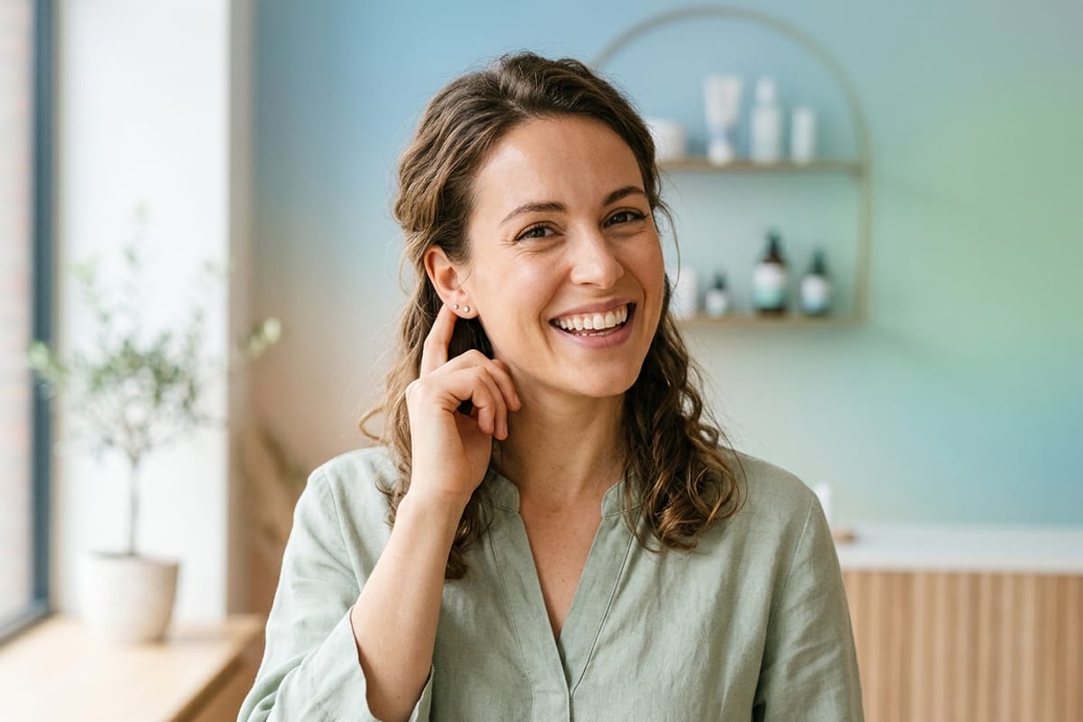 Happy woman supporting her ear wellness